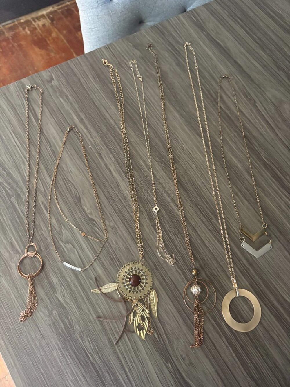 Lot of 7 Gold Tone Necklaces Boho Tassel Pendant Feather Charm
